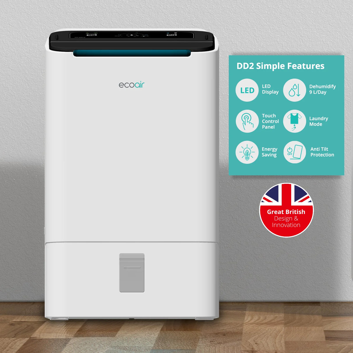 Ecoair DD2 Simple Desiccant Dehumidifier 9L/Day – Electronic Control, Antibacterial Filter, Economy & Laundry Mode for Home, Garage, Basement & Boat