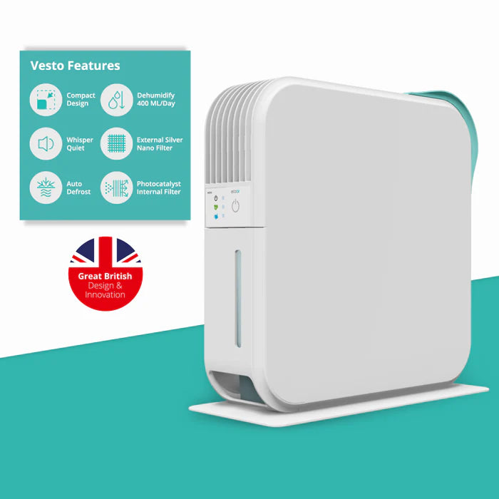 EcoAir Vesto 400ml/Day Mini Dehumidifier with Photocatalyst Air Purification & Nano Silver Filter – Compact for Cupboards, Wardrobes & Small Spaces