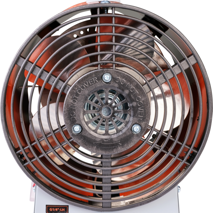 Qlima GFA 1010 direct fired diesel heater image of the fan from the rear.