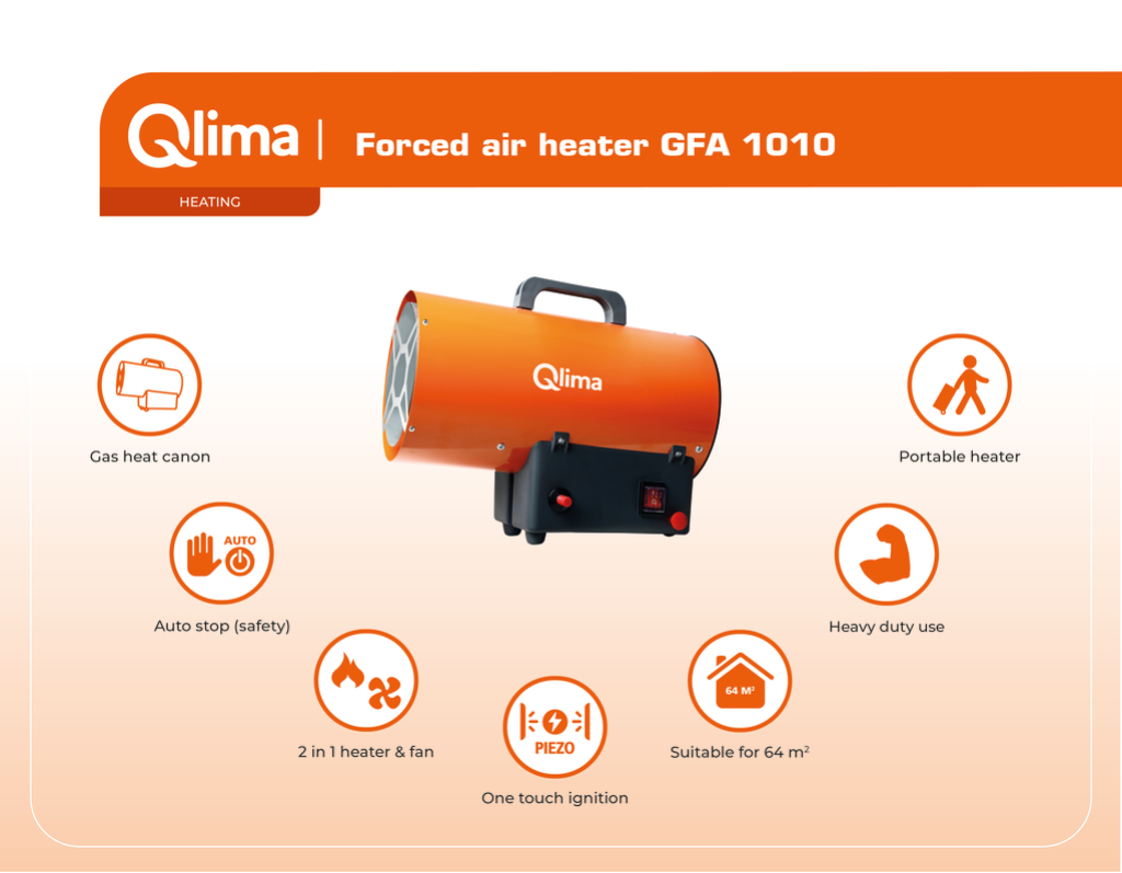 Qlima GFA 1010 direct fired diesel heater image with the features highlighted