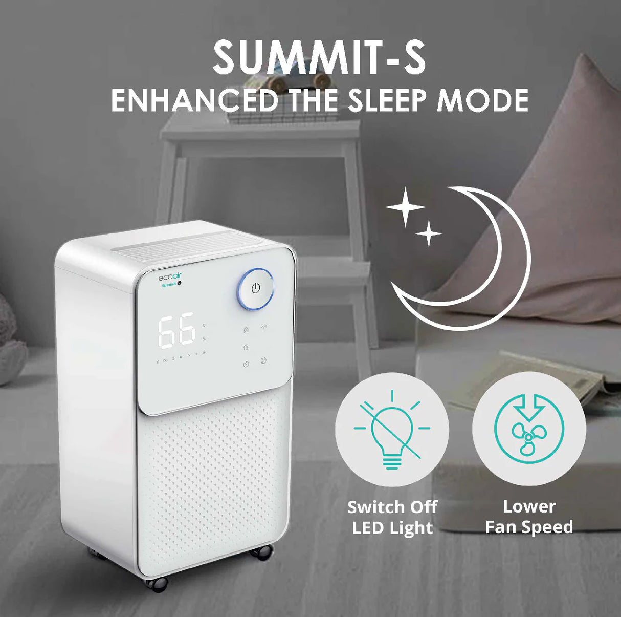 EcoAir Summit S 12L Low Energy Dehumidifier – Digital Display, 3-Layer Carbon Filter, Quiet 36dBA, Sleep Mode