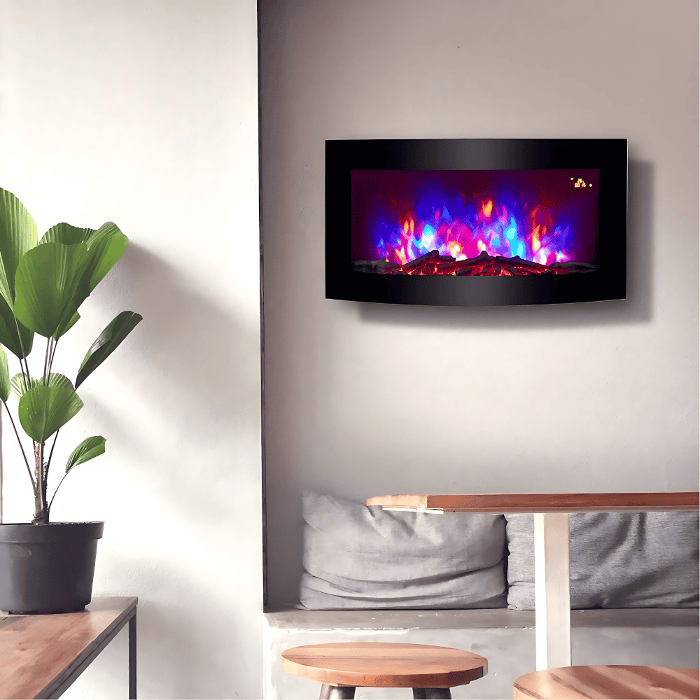 TruFlame 89cm Wide Wall Mounted Curved Black Glass