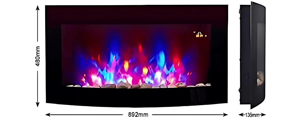 TruFlame 89cm Wide Wall Mounted Curved Black Glass