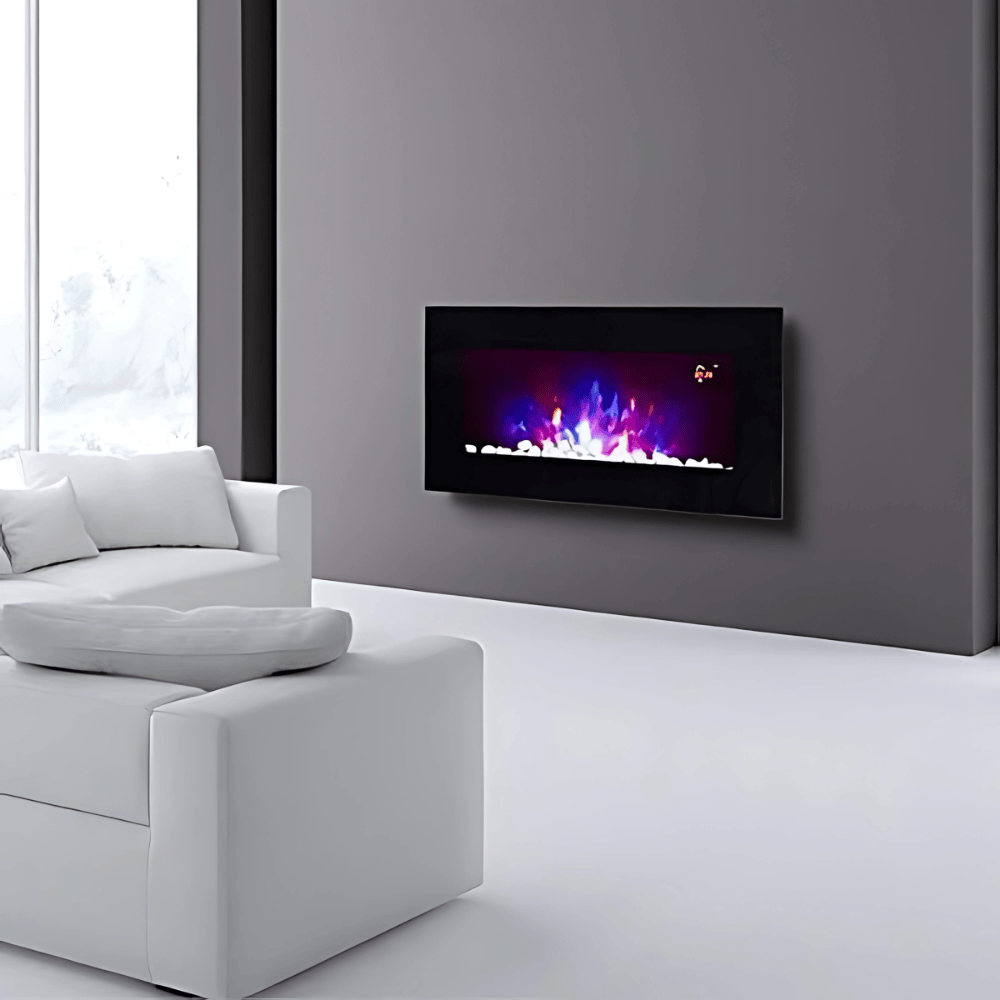 TruFlame 73cm Wide Wall Mounted Flat Black Glass Electric Fire with Glow Sides