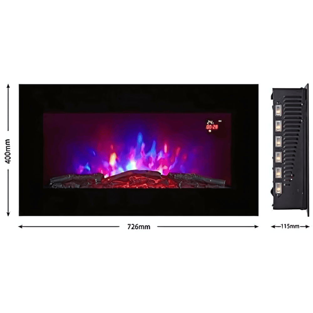 TruFlame 73cm Wide Wall Mounted Flat Black Glass Electric Fire with Glow Sides