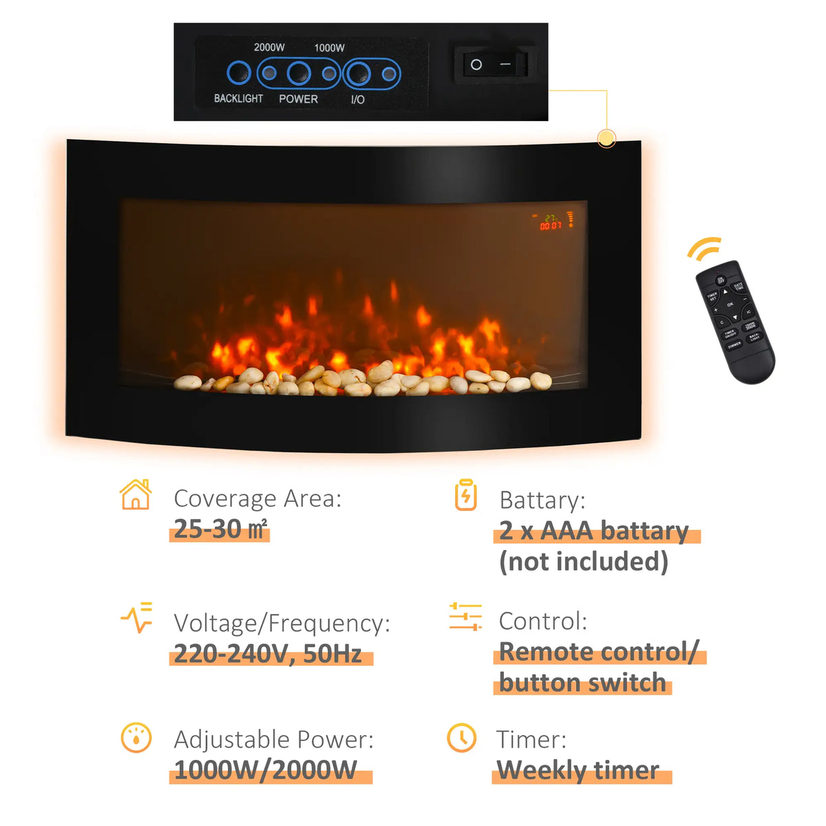 Homcom 1kW/2kW Curved Electric Wall Fireplace