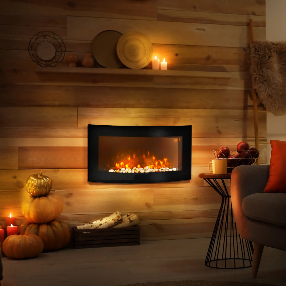 HOMCOM 1kW/2kW Curved Electric Wall Fireplace