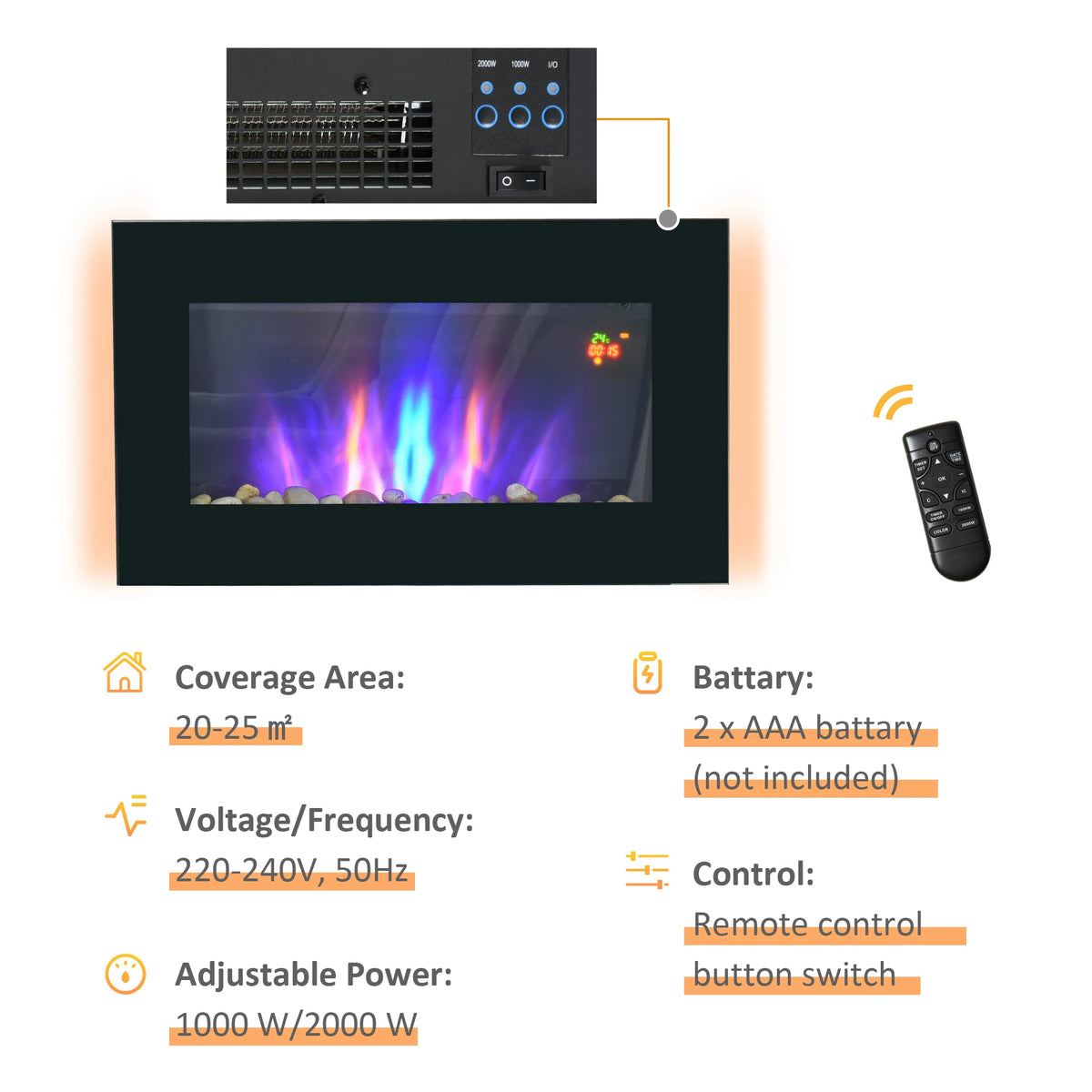 Homcom 1kW/2kW Electric Wall Fireplace
