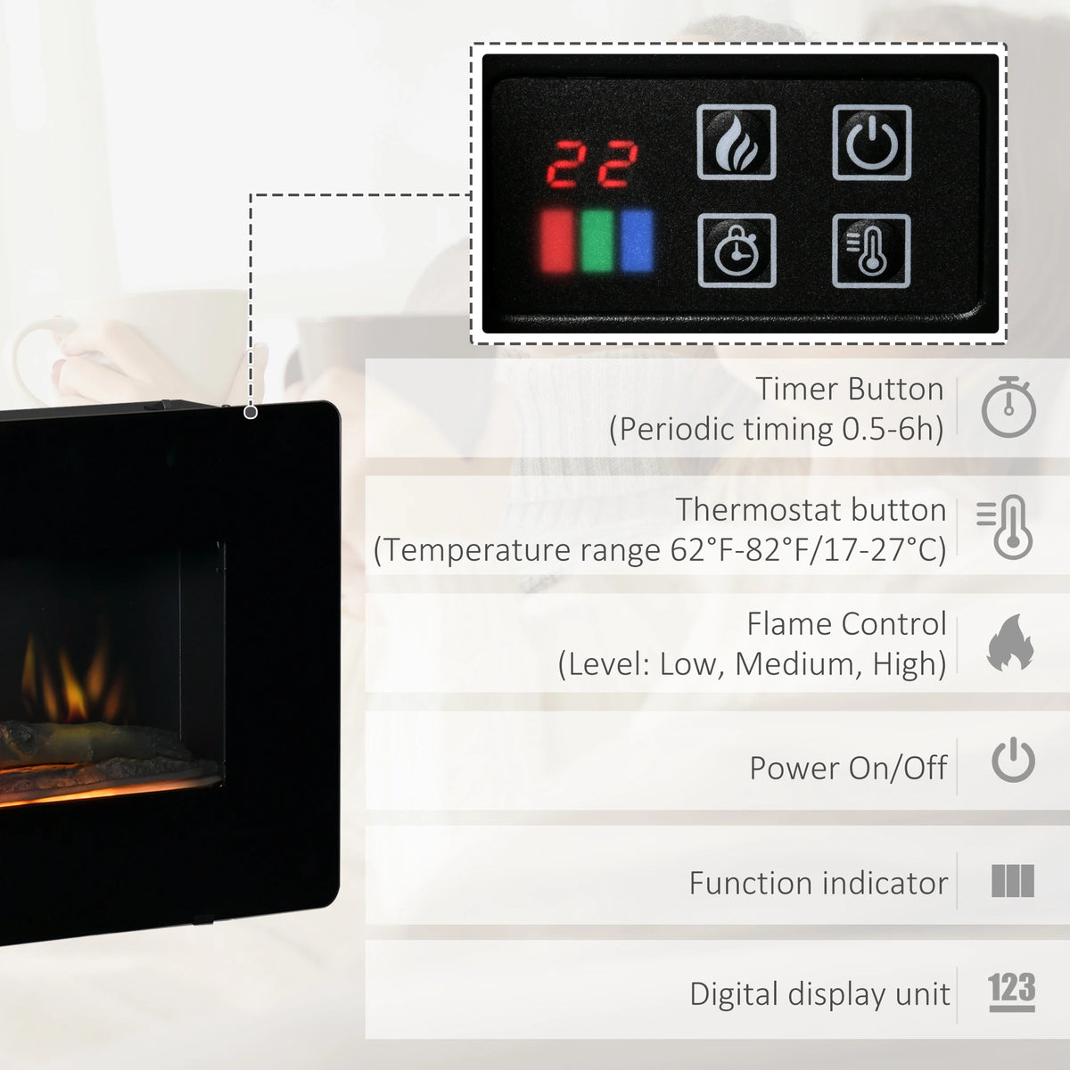 Homcom 2kW Wall-Mounted Electric Fireplace
