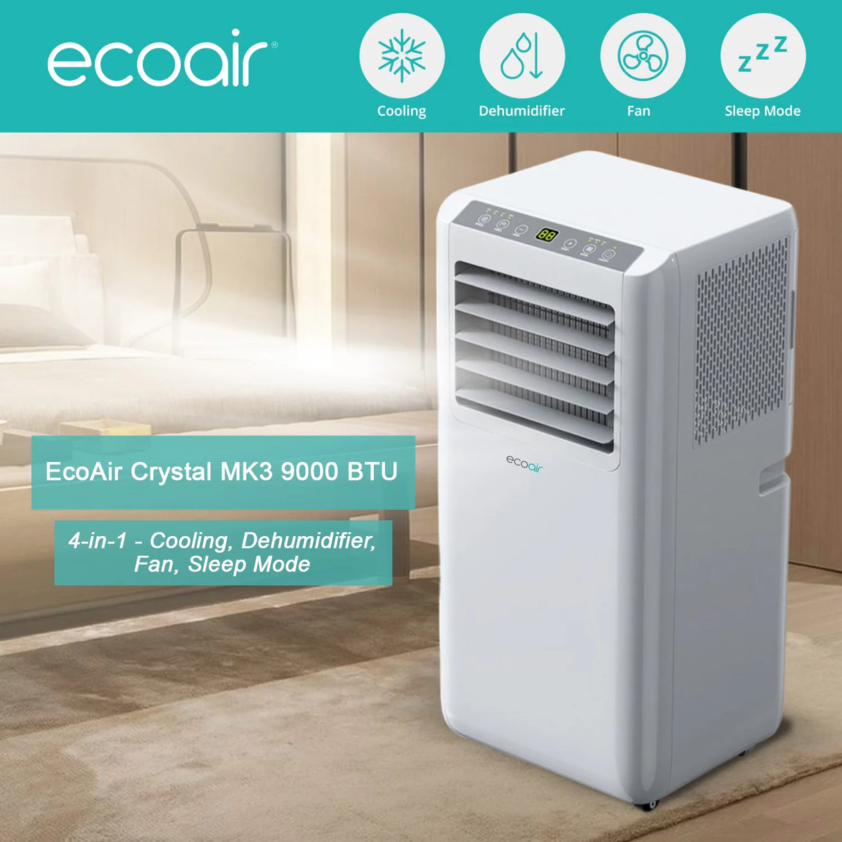 EcoAir Crystal Mk3 4-in-1 Portable Air Conditioner 9000 BTU with Remote Control