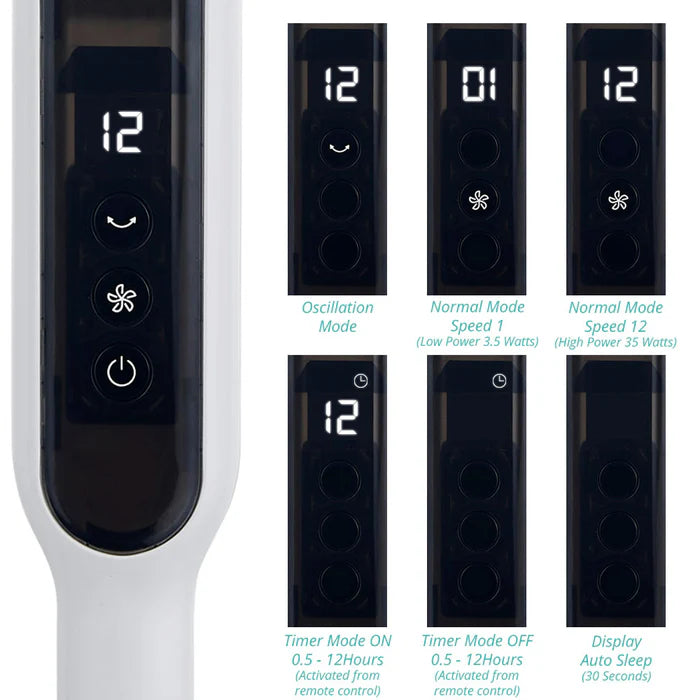 EcoAir Halo Tower Fan – Ultra Quiet, Low Energy 2.8W, 12 Speeds, 4 Modes & Remote Control