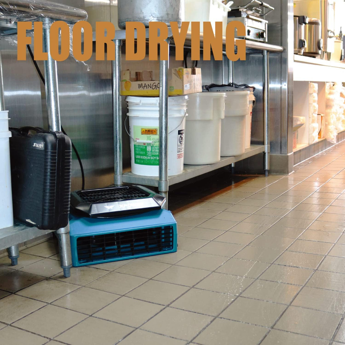 XPower PL-700A Low Profile Air Mover operating in a kitchen