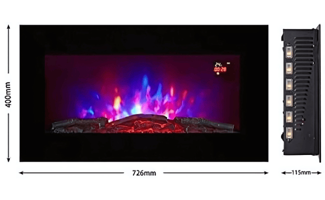 TruFlame 73cm Wide Wall Mounted Flat Black Glass Electric Fire with Glow Sides