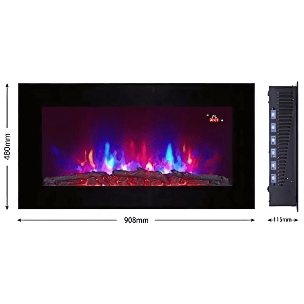 TruFlame 91cm Wide Wall Mounted Flat Black Glass Electric Fire