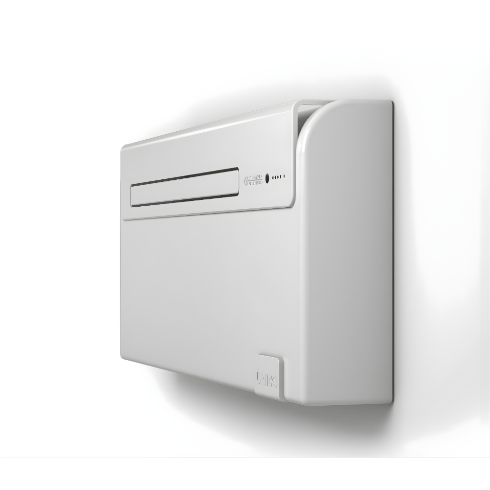 White wall-mounted electronic device on a white background