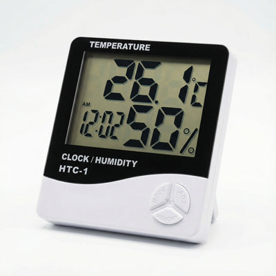 Digital weather station showing temperature and humidity