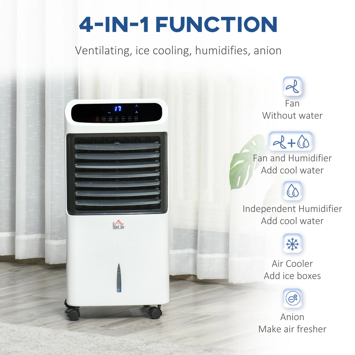 HOMCOM Mobile Air Cooler 12L Tank Evaporative Ice Cooling Fan Water Conditioner Humidifier Unit with 3 Modes