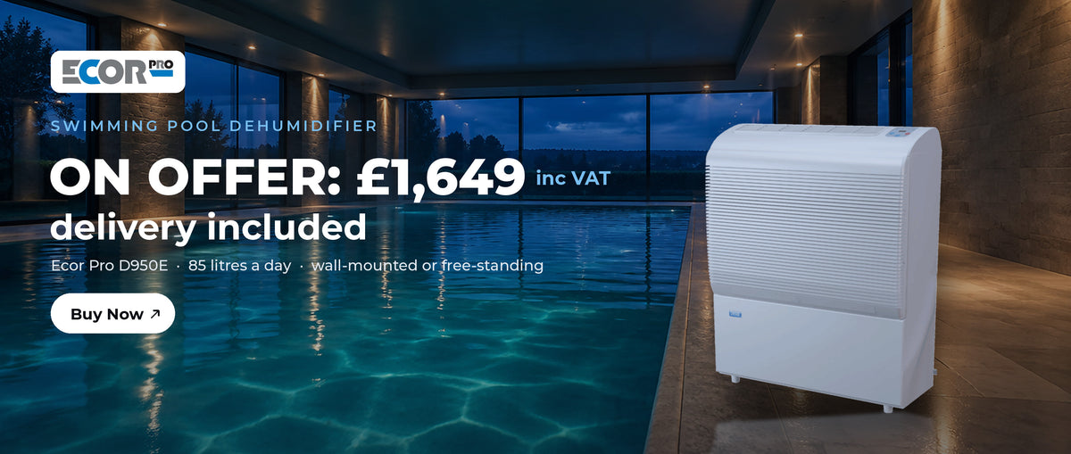Ecor Pro D950E swimming pool dehumidifier on offer: £1,649 inc VAT, delivery included. 85 litres a day, wall-mounted or free-standing. Buy now.