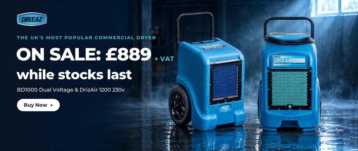 The UK's most popular commercial dryer on sale: £889 + VAT while stocks last. Dri-Eaz BD1000 Dual Voltage and DrizAir 1200 230v. Buy now.