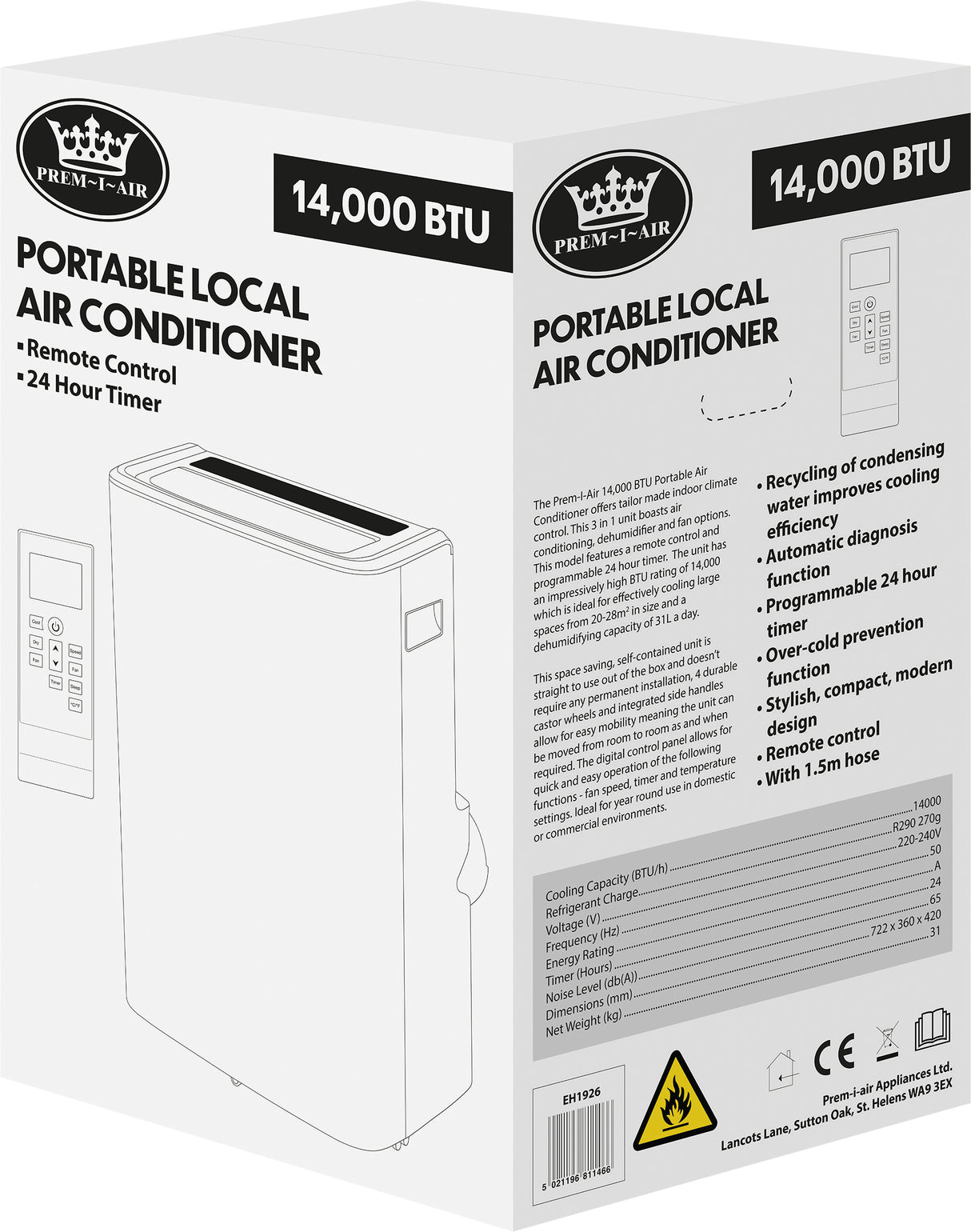 Prem-I-Air EH1926 14,000btu Portable Local Air Conditioner with Dust Cover